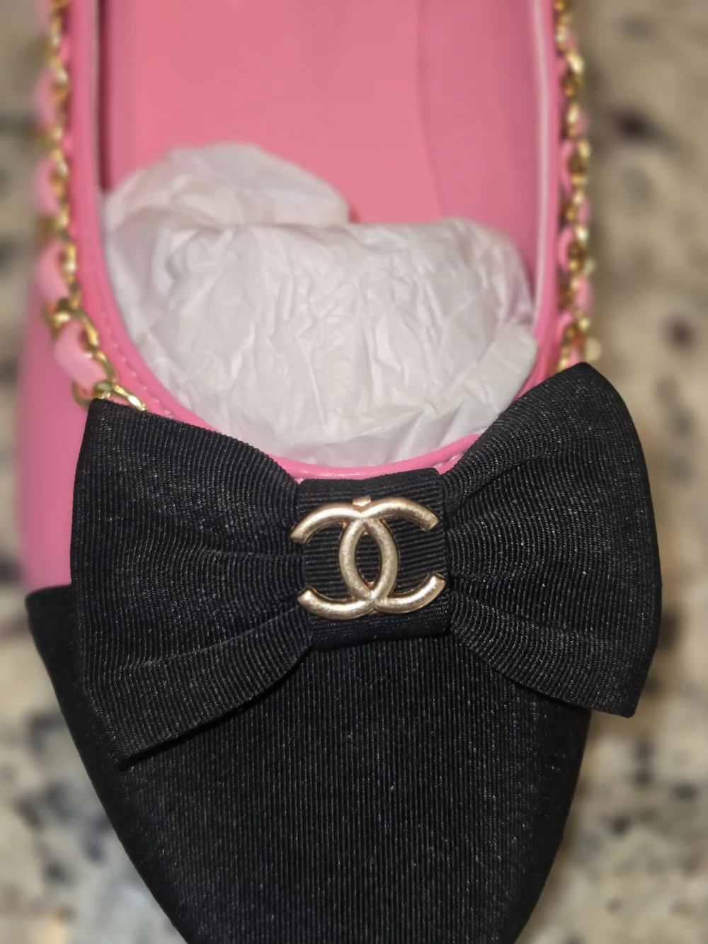Chanel Pink & Black Bow Cap-Toe Chain Ballet Flats